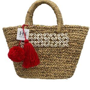 Haute Hippie Straw sea shell purse beach tote bag NEW flamingo liner tassels